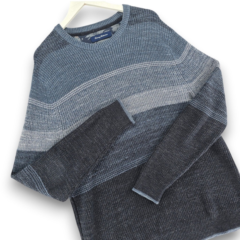Tommy Bahama Mens Large Blue Striped 100% Cotton Ribbed Crew Neck Sweater